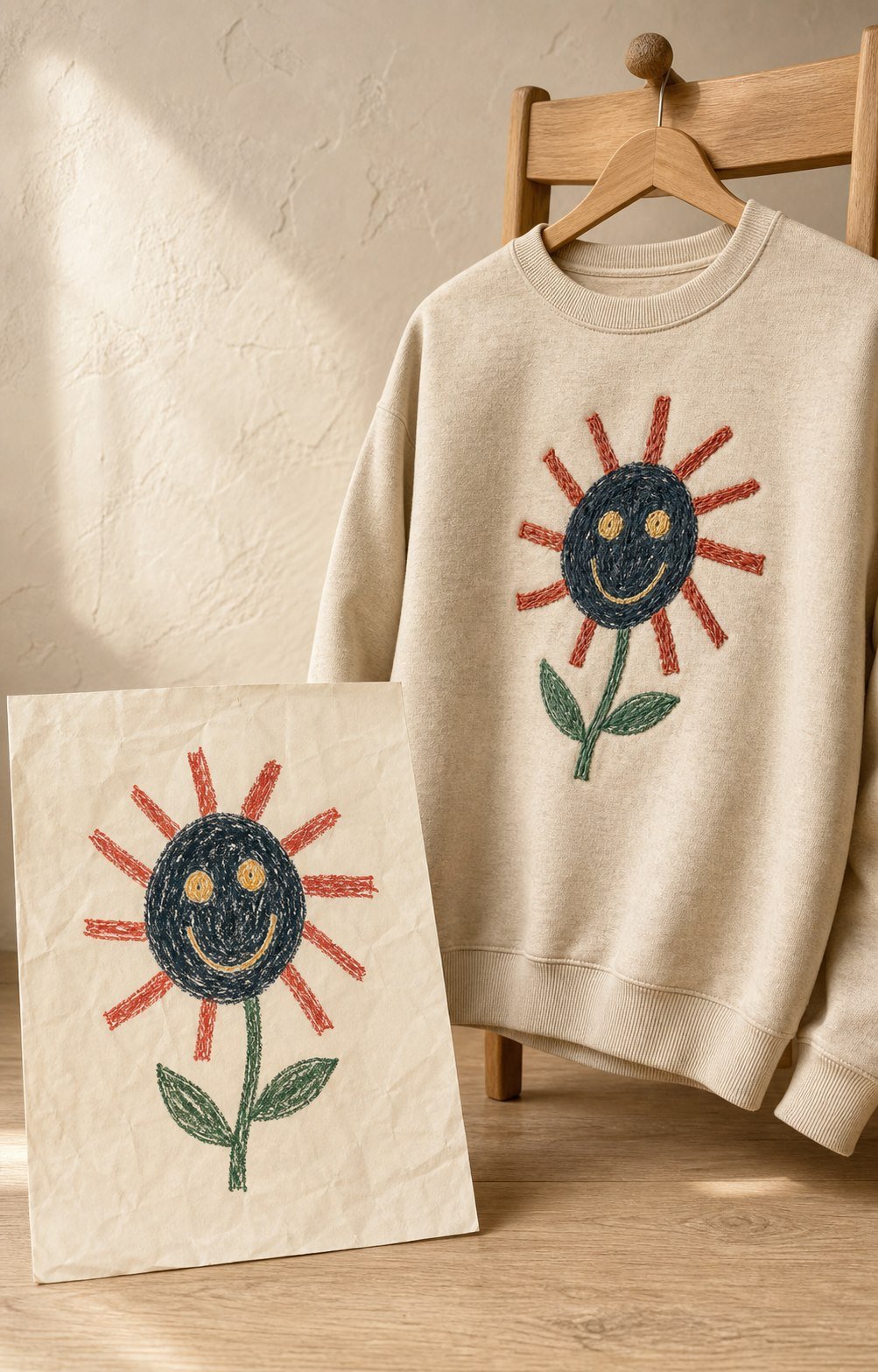 A childlike crayon flower drawing beside a premium sweatshirt embroidered with the same artwork
